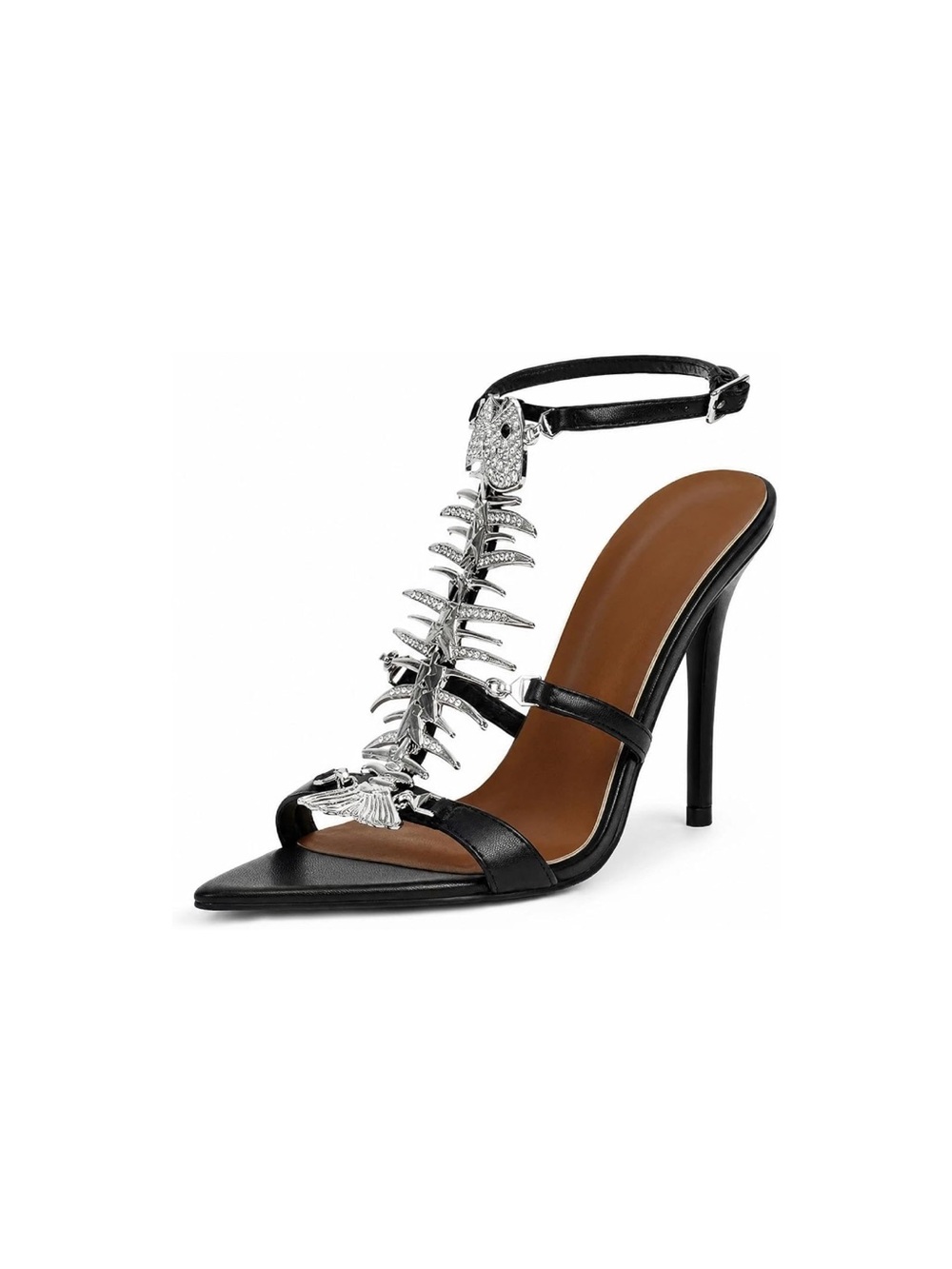 Black High Heel T-Strap Sandal with Silver Fishbone Accent